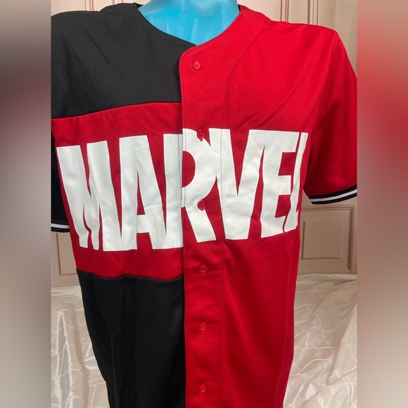 Disney Park Our Universe Marvel Logo Baseball Jersey Men's LARGE NW WDW AVENGERS - Picture 3 of 13